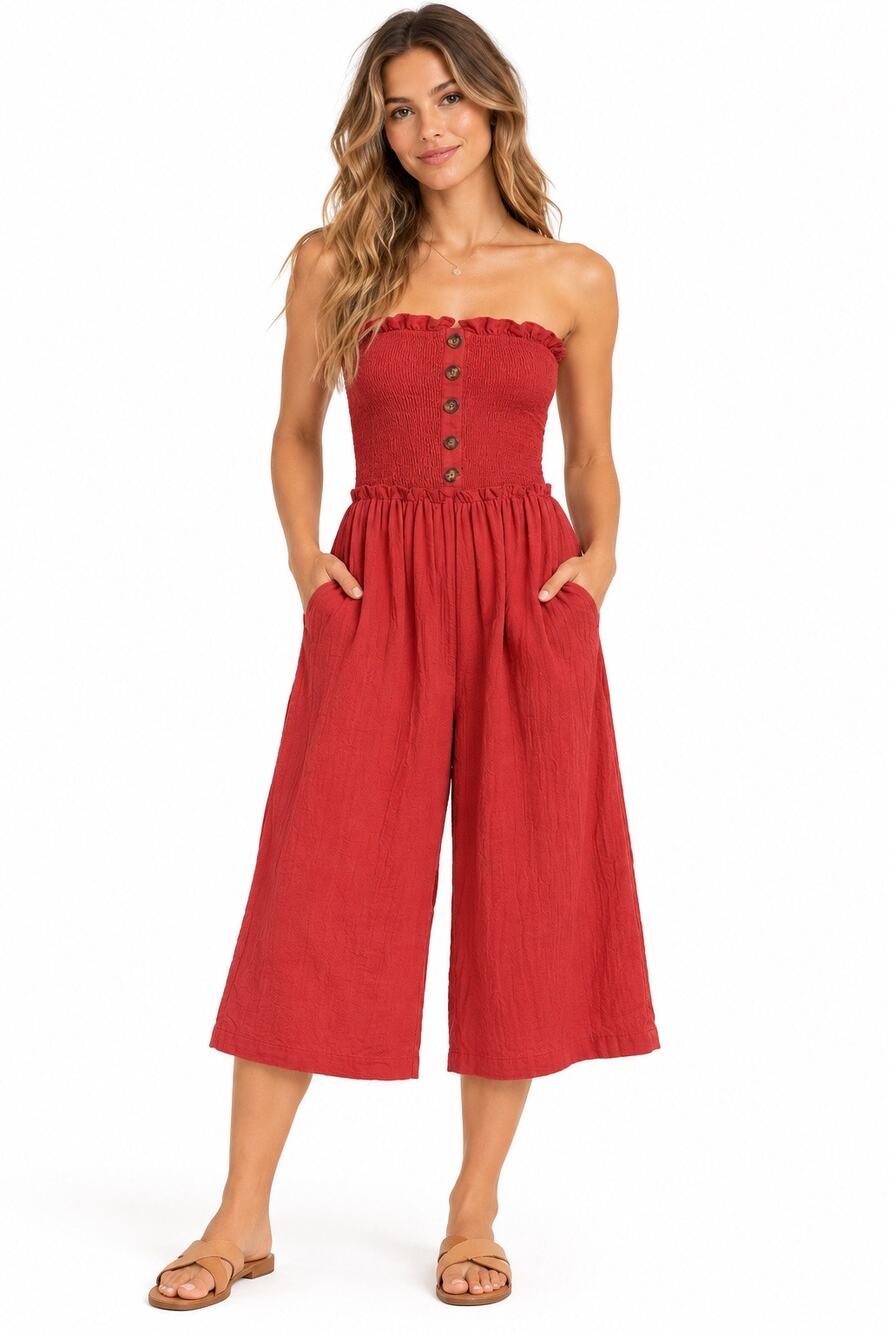 Chic Promesa Red Smocked Strapless Cotton Jumpsuit S